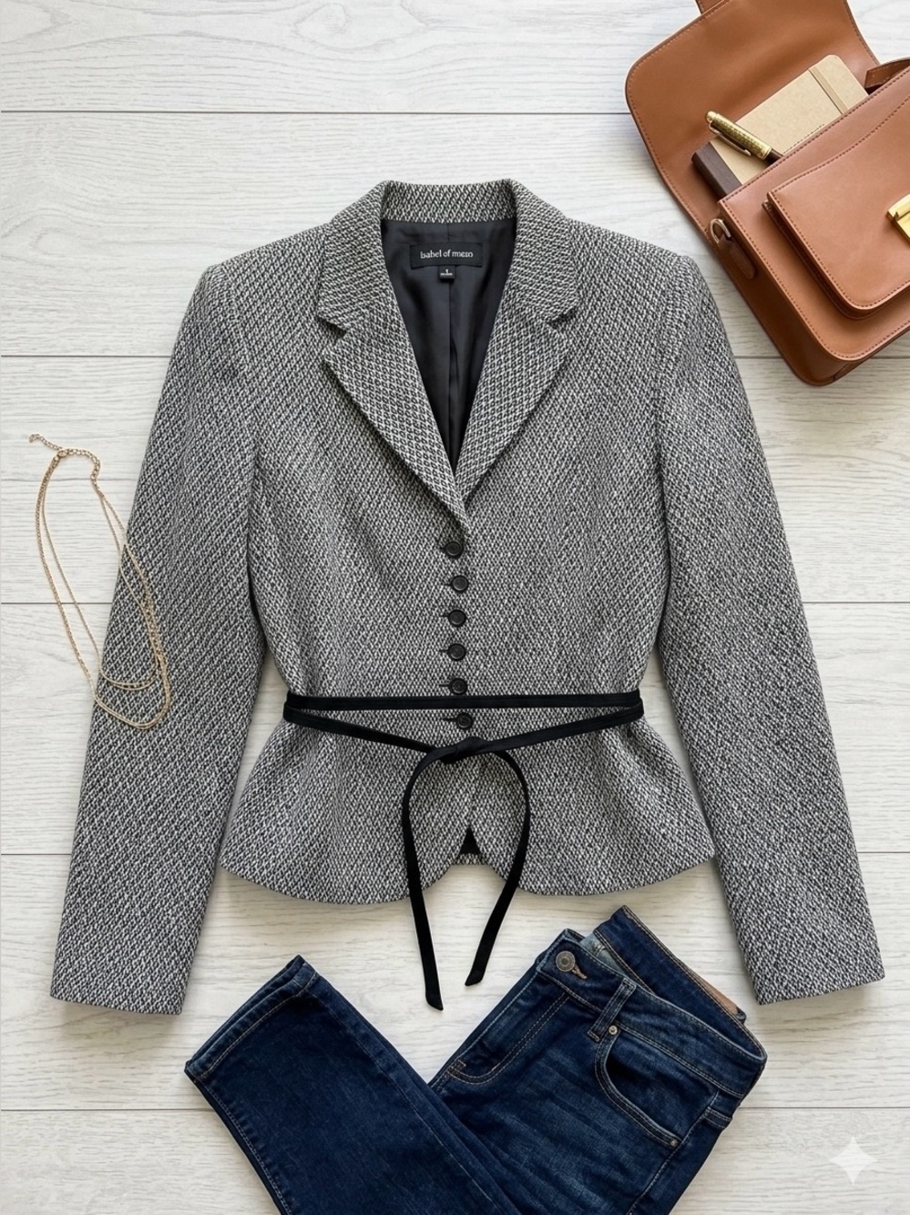 Isabel & Nina Chevron Tweed Tailored Tie Waist Peplum Blazer Jacket Gray Women's